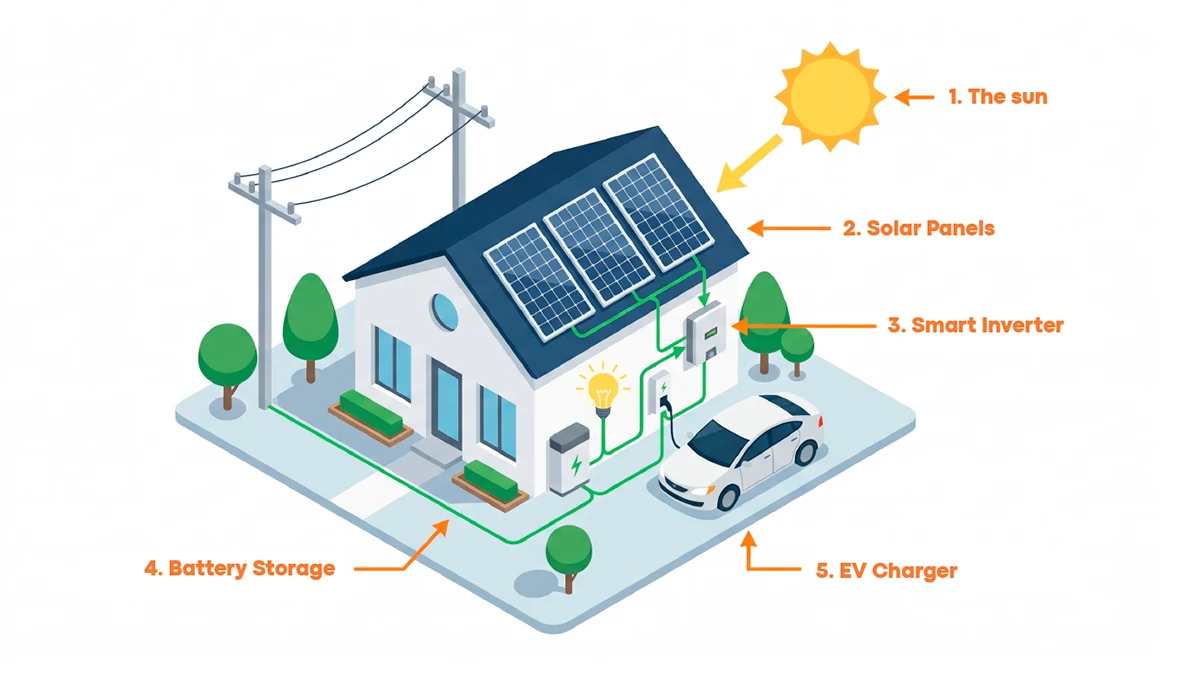 Diagram showing how solar panels, smart inverter, battery storage and EV charger work together in a home energy system